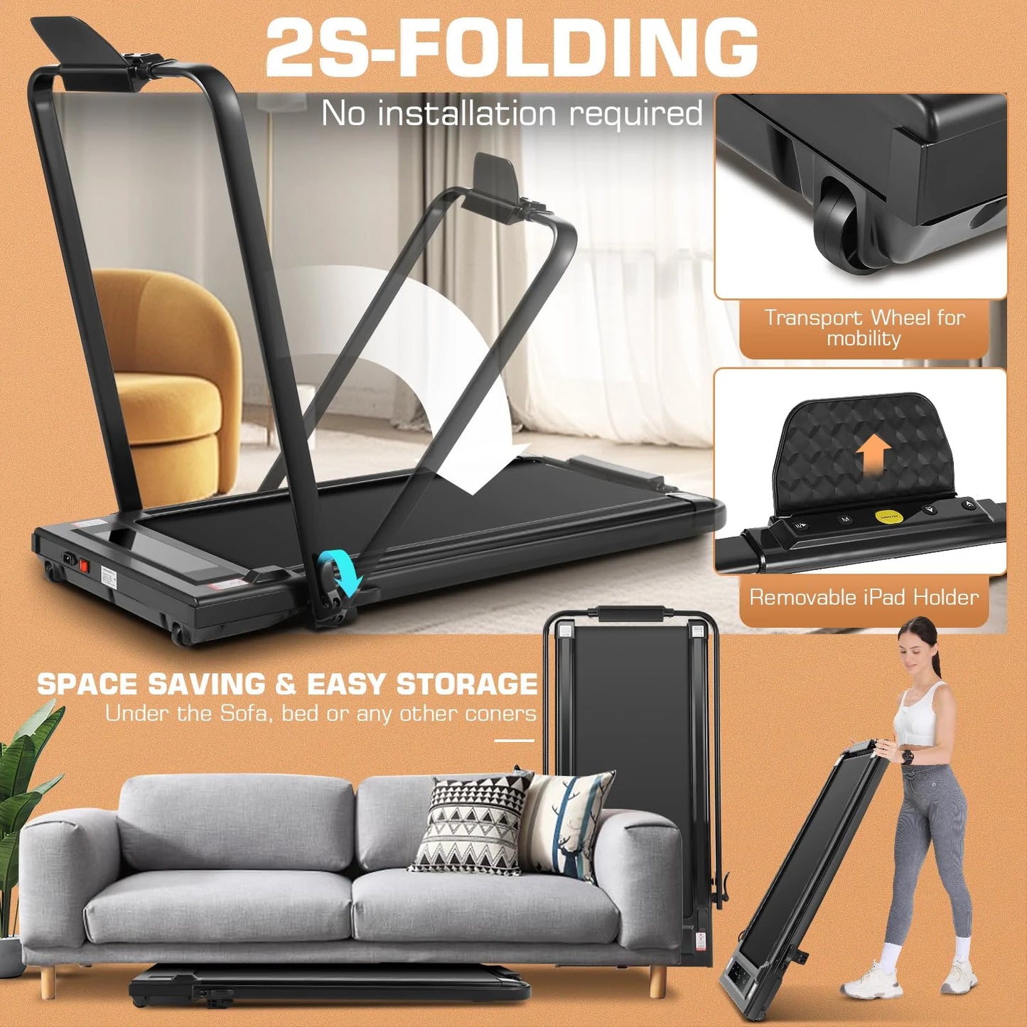 2 in 1 under Desk Treadmill with 250Lbs Capacity, Walking Pad/Compact Electric Treadmill for Home/Gym/Office with LED Touch Screen, Remote Watch, Speed Range 0.6-7.5 Mph
